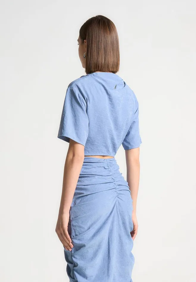 Manire De Voir Matching Sets Manire De Voir Woman Cowl Neck Drape TShirt 8211 Blue