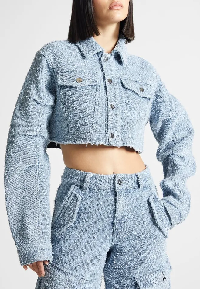 Manire De Voir Matching Sets Manire De Voir Woman Cropped Boucle Denim Jacket 8211 Mid Blue Manire De Voir Matching Sets Manire De Voir Woman Cropped Boucle Denim Jacket 8211 Mid Blue