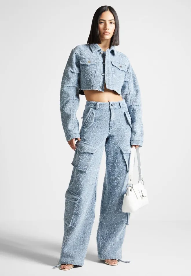Manire De Voir Matching Sets Manire De Voir Woman Cropped Boucle Denim Jacket 8211 Mid Blue