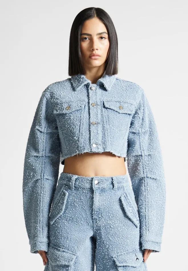 Manire De Voir Matching Sets Manire De Voir Woman Cropped Boucle Denim Jacket 8211 Mid Blue