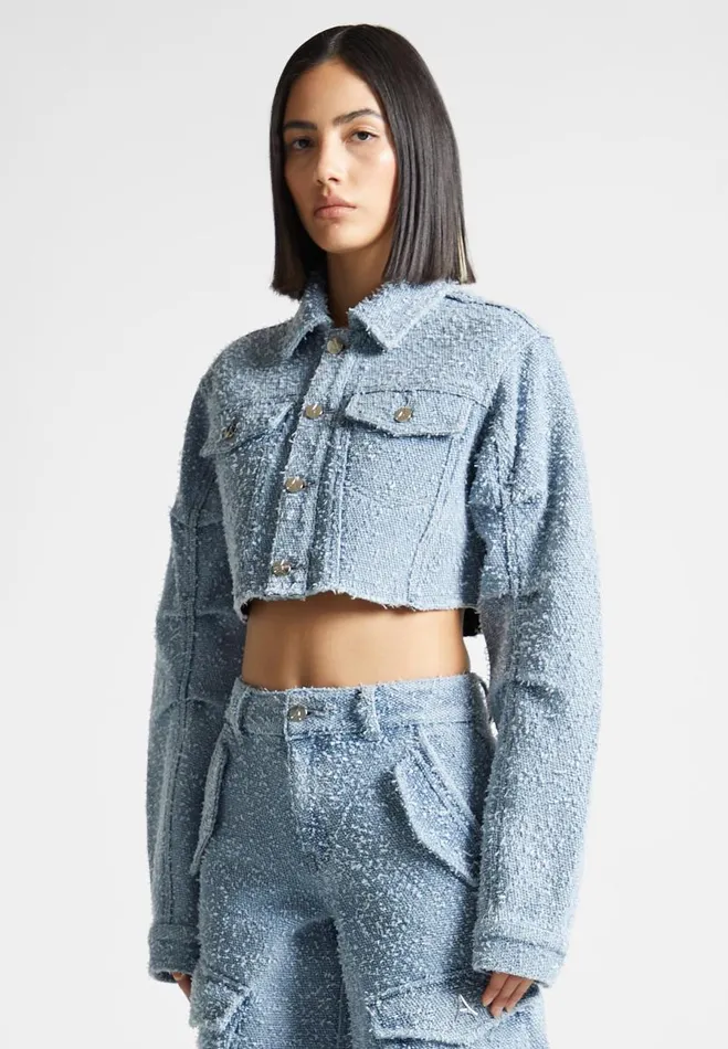 Manire De Voir Matching Sets Manire De Voir Woman Cropped Boucle Denim Jacket 8211 Mid Blue