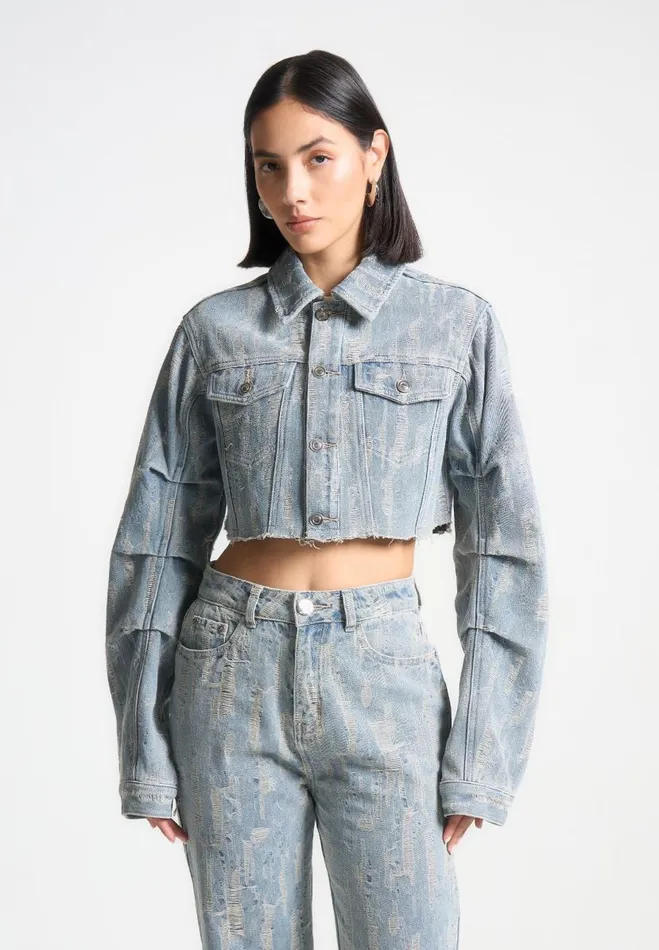 Manire De Voir Matching Sets Manire De Voir Woman Cropped Distressed Denim Jacket 8211 MidBlue Manire De Voir Matching Sets Manire De Voir Woman Cropped Distressed Denim Jacket 8211 MidBlue
