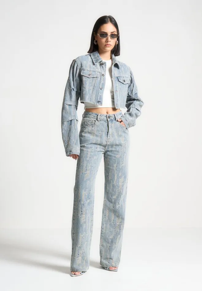 Manire De Voir Matching Sets Manire De Voir Woman Cropped Distressed Denim Jacket 8211 MidBlue
