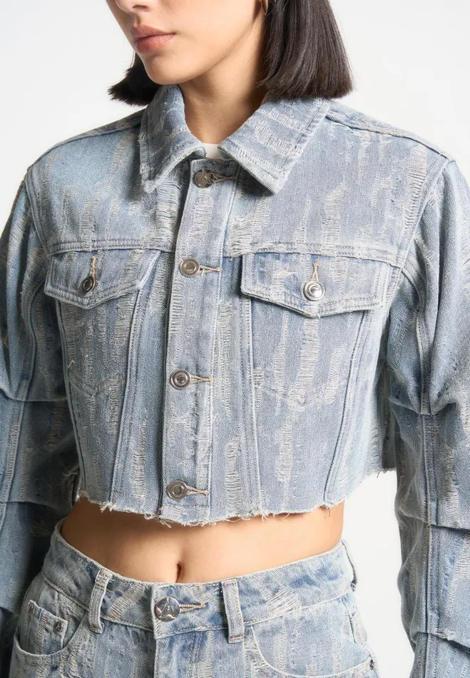 Manire De Voir Matching Sets Manire De Voir Woman Cropped Distressed Denim Jacket 8211 MidBlue