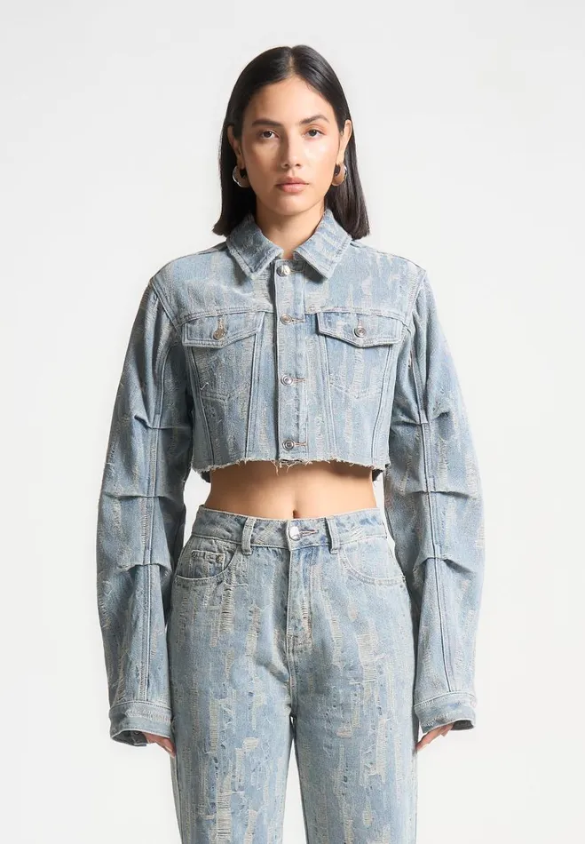 Manire De Voir Matching Sets Manire De Voir Woman Cropped Distressed Denim Jacket 8211 MidBlue