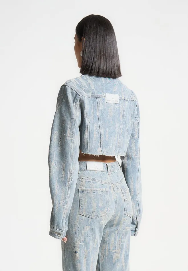 Manire De Voir Matching Sets Manire De Voir Woman Cropped Distressed Denim Jacket 8211 MidBlue