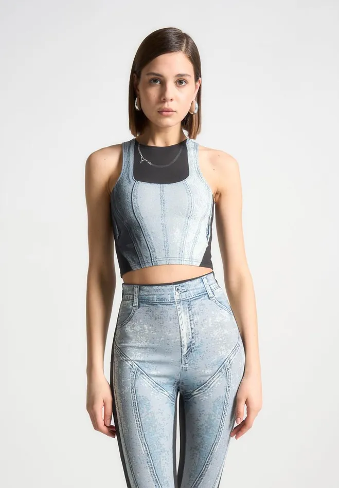 Manire De Voir Matching Sets Manire De Voir Woman Denim Print Racer Crop Top 8211 BlueBlack Manire De Voir Matching Sets Manire De Voir Woman Denim Print Racer Crop Top 8211 BlueBlack
