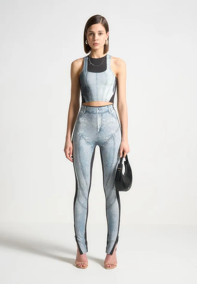 Manire De Voir Matching Sets Manire De Voir Woman Denim Print Racer Crop Top 8211 BlueBlack
