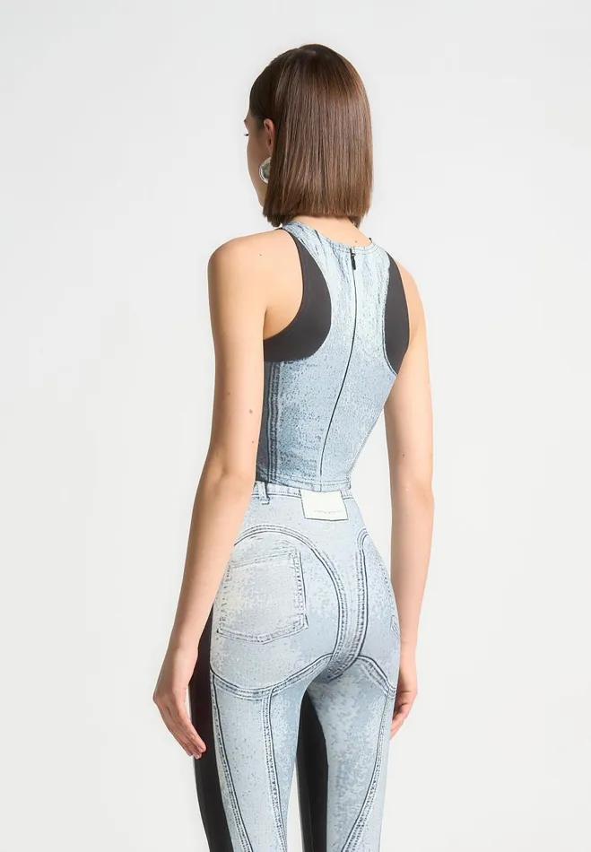 Manire De Voir Matching Sets Manire De Voir Woman Denim Print Racer Crop Top 8211 BlueBlack