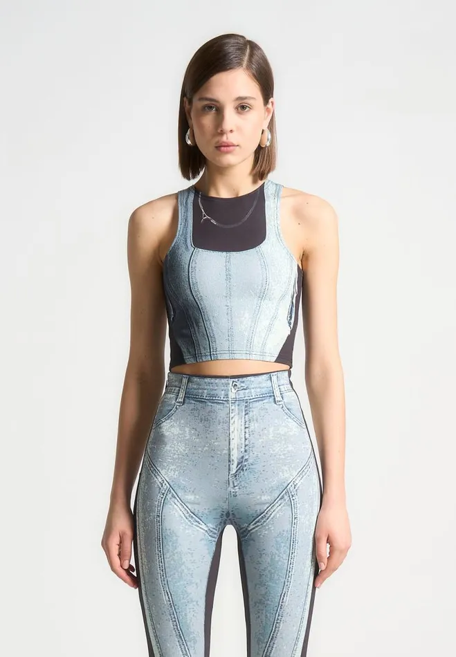 Manire De Voir Matching Sets Manire De Voir Woman Denim Print Racer Crop Top 8211 BlueBlack
