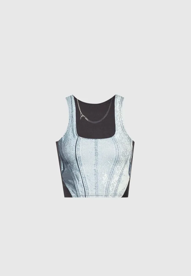 Manire De Voir Matching Sets Manire De Voir Woman Denim Print Racer Crop Top 8211 BlueBlack