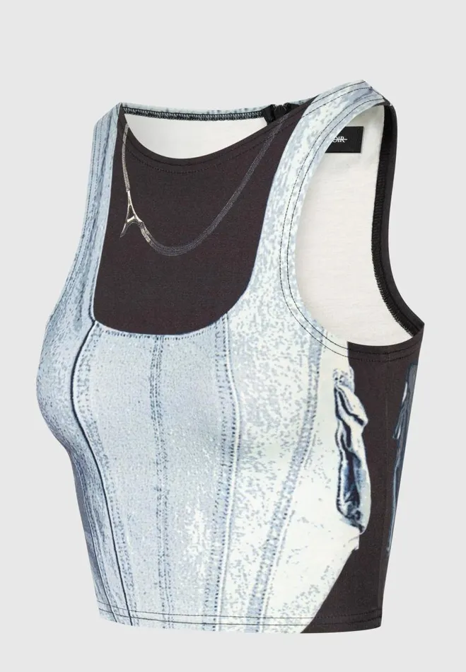 Manire De Voir Matching Sets Manire De Voir Woman Denim Print Racer Crop Top 8211 BlueBlack