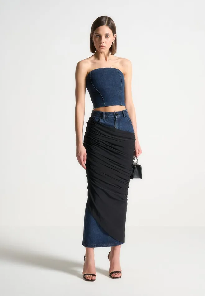 Manire De Voir Matching Sets Manire De Voir Woman Draped Mesh Denim Maxi Skirt 8211 Indigo Manire De Voir Matching Sets Manire De Voir Woman Draped Mesh Denim Maxi Skirt 8211 Indigo
