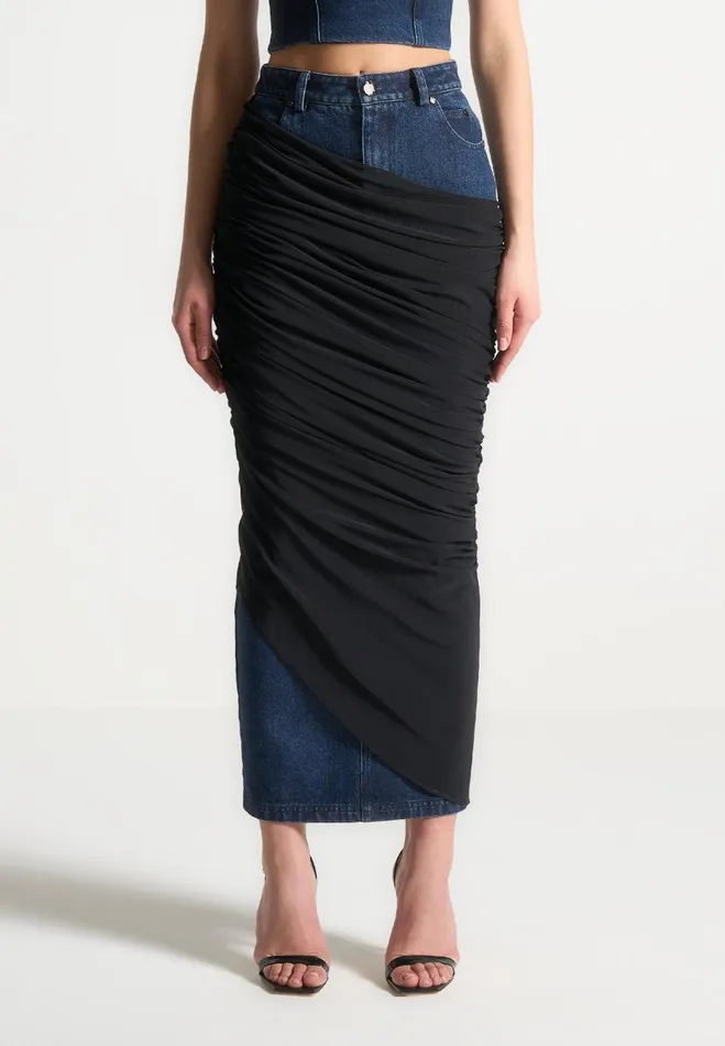 Manire De Voir Matching Sets Manire De Voir Woman Draped Mesh Denim Maxi Skirt 8211 Indigo