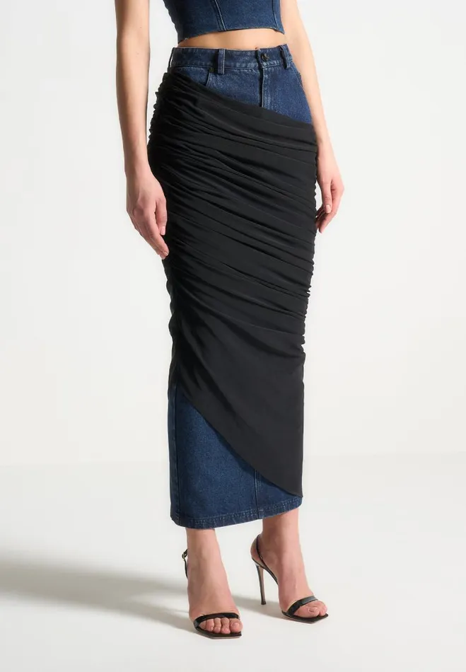Manire De Voir Matching Sets Manire De Voir Woman Draped Mesh Denim Maxi Skirt 8211 Indigo