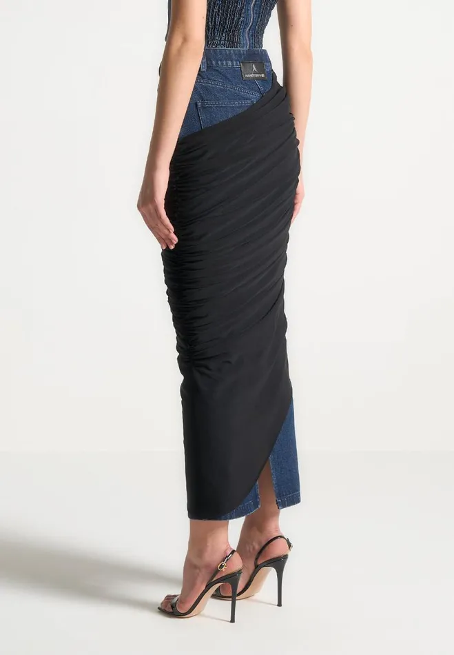 Manire De Voir Matching Sets Manire De Voir Woman Draped Mesh Denim Maxi Skirt 8211 Indigo