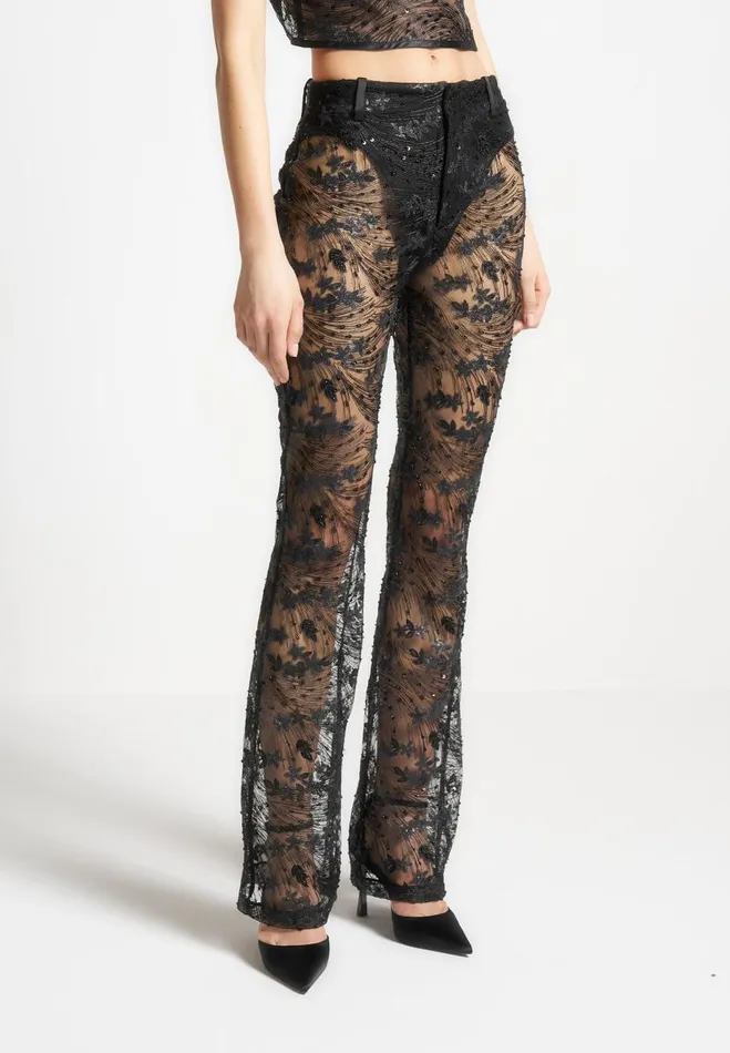 Manire De Voir Matching Sets Manire De Voir Woman Embellished Lace Fit And Flare Trousers 8211 Black Manire De Voir Matching Sets Manire De Voir Woman Embellished Lace Fit And Flare Trousers 8211 Black