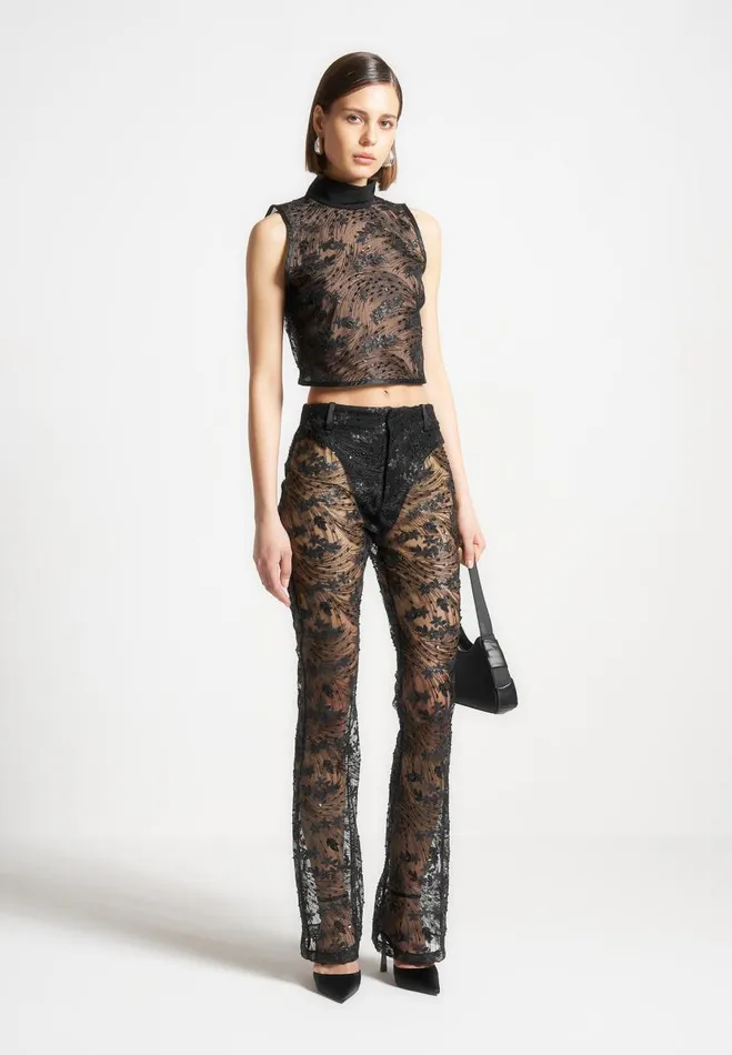 Manire De Voir Matching Sets Manire De Voir Woman Embellished Lace Fit And Flare Trousers 8211 Black