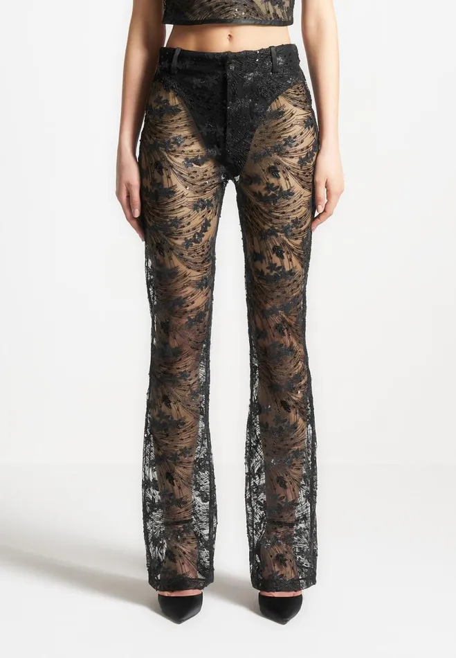 Manire De Voir Matching Sets Manire De Voir Woman Embellished Lace Fit And Flare Trousers 8211 Black