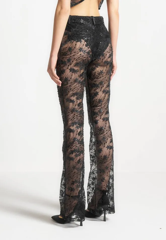 Manire De Voir Matching Sets Manire De Voir Woman Embellished Lace Fit And Flare Trousers 8211 Black