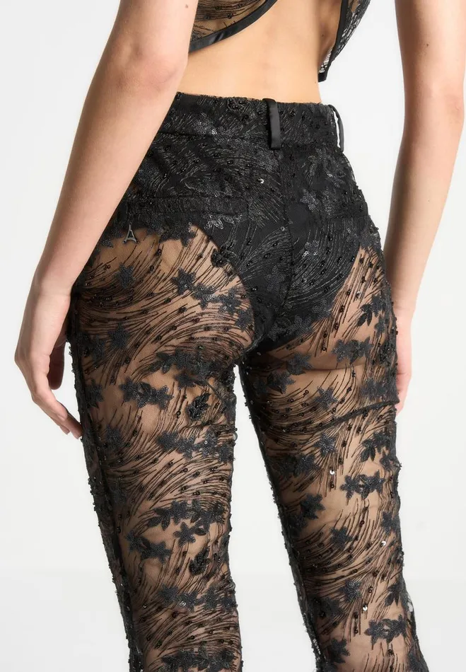 Manire De Voir Matching Sets Manire De Voir Woman Embellished Lace Fit And Flare Trousers 8211 Black
