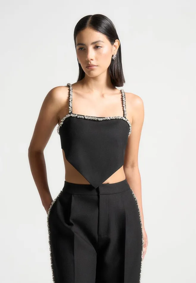 Manire De Voir Matching Sets Manire De Voir Woman Embellished Strap Handkerchief Top 8211 Black Manire De Voir Matching Sets Manire De Voir Woman Embellished Strap Handkerchief Top 8211 Black