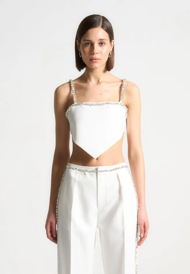 Manire De Voir Matching Sets Manire De Voir Woman Embellished Strap Handkerchief Top 8211 White Manire De Voir Matching Sets Manire De Voir Woman Embellished Strap Handkerchief Top 8211 White