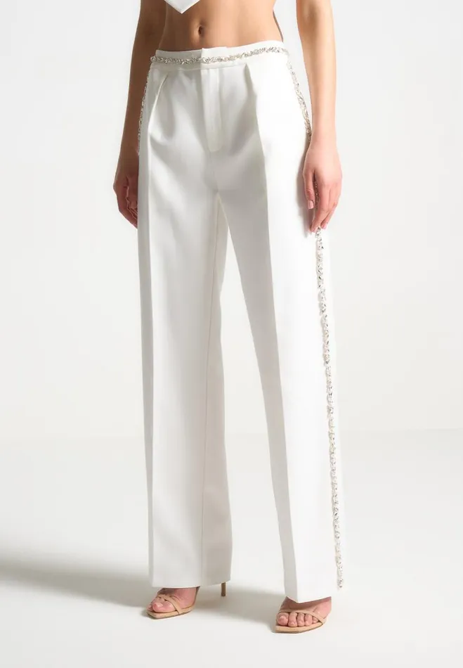 Manire De Voir Matching Sets Manire De Voir Woman Embellished Tailored Trousers 8211 White Manire De Voir Matching Sets Manire De Voir Woman Embellished Tailored Trousers 8211 White