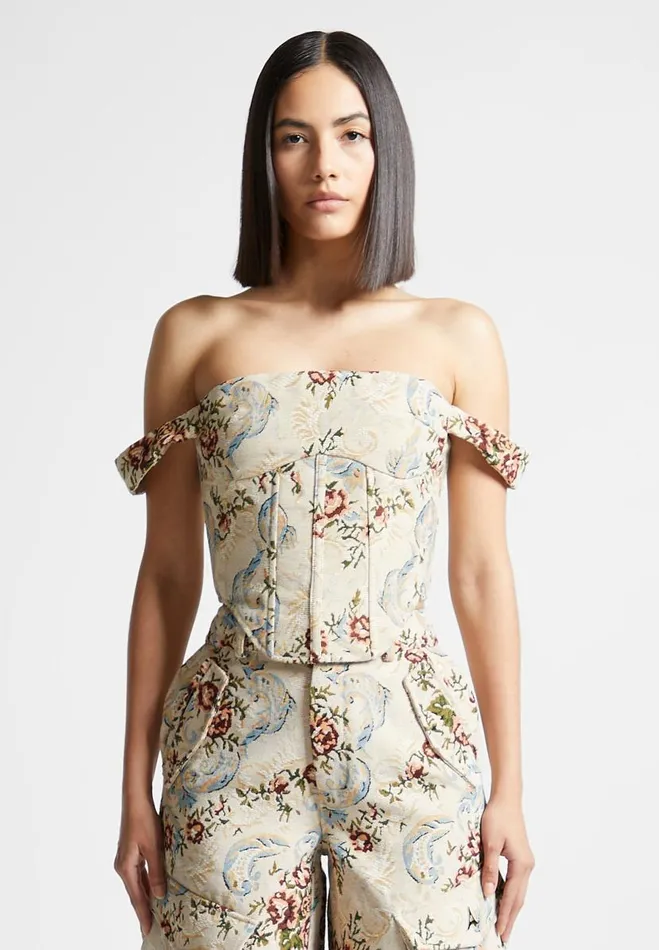 Manire De Voir Matching Sets Manire De Voir Woman Floral Jacquard Bardot Corset Top 8211 Beige Manire De Voir Matching Sets Manire De Voir Woman Floral Jacquard Bardot Corset Top 8211 Beige