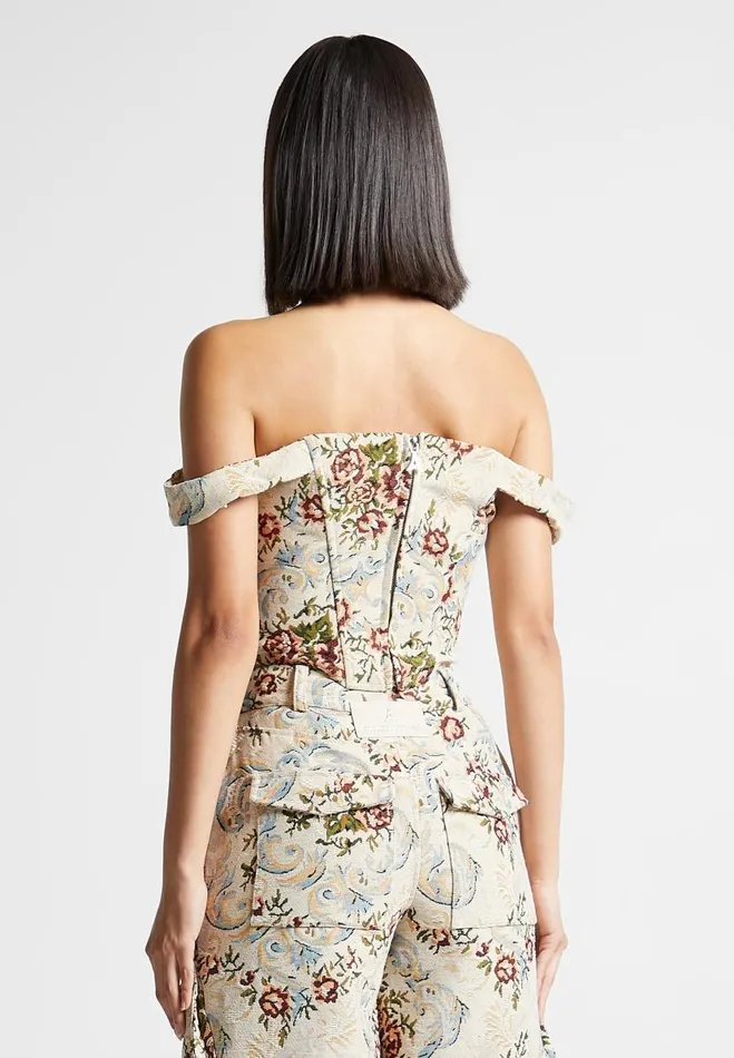 Manire De Voir Matching Sets Manire De Voir Woman Floral Jacquard Bardot Corset Top 8211 Beige