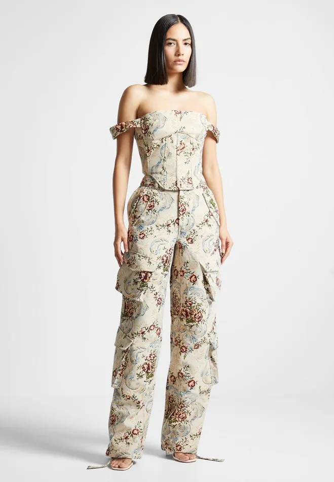 Manire De Voir Matching Sets Manire De Voir Woman Floral Jacquard Bardot Corset Top 8211 Beige
