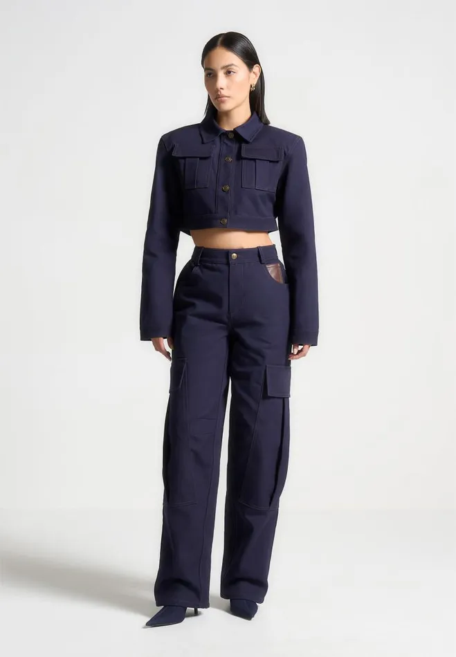 Manire De Voir Matching Sets Manire De Voir Woman High Rise Drill Cargo Pants 8211 Indigo Manire De Voir Matching Sets Manire De Voir Woman High Rise Drill Cargo Pants 8211 Indigo