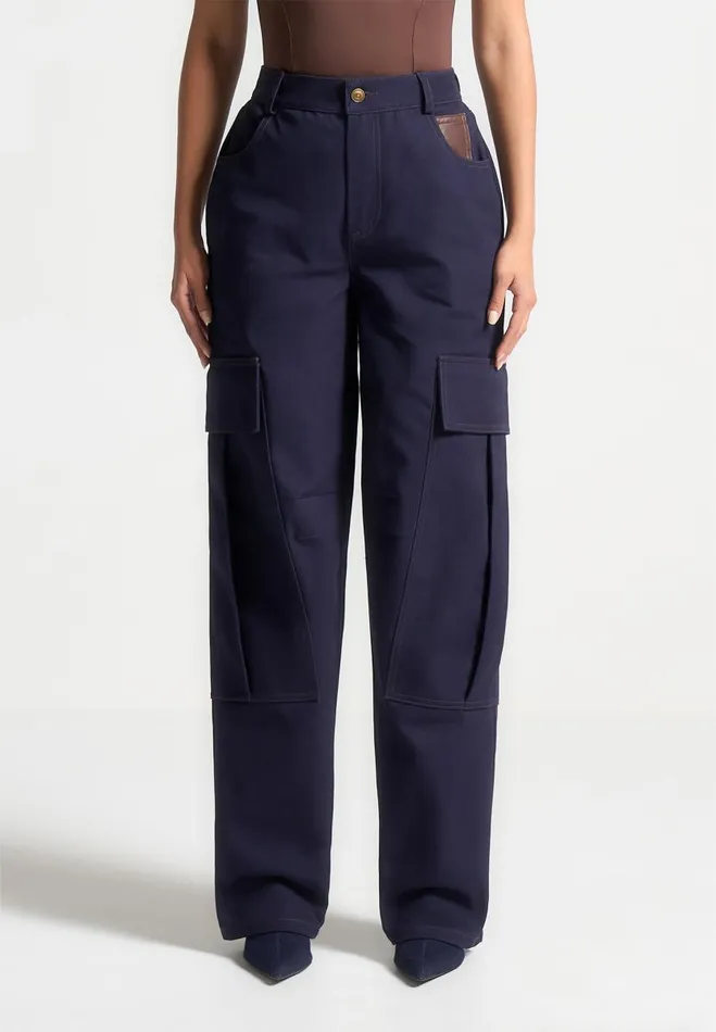 Manire De Voir Matching Sets Manire De Voir Woman High Rise Drill Cargo Pants 8211 Indigo