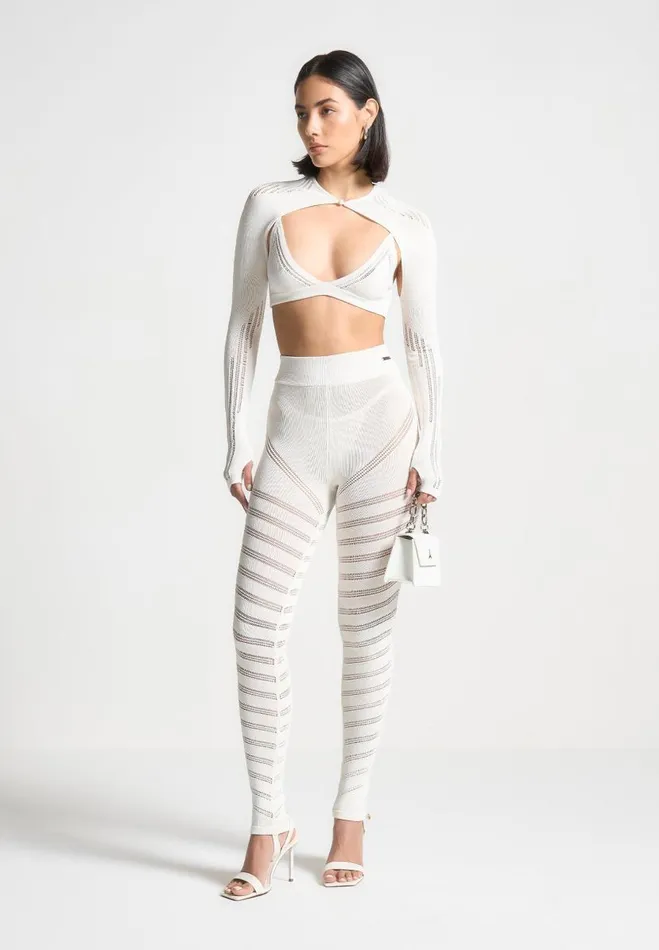 Manire De Voir Matching Sets Manire De Voir Woman High Waisted Knitted Spiral Contour Leggings 8211 White Manire De Voir Matching Sets Manire De Voir Woman High Waisted Knitted Spiral Contour Leggings 8211 White