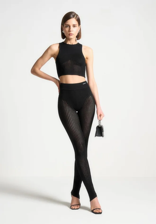 Manire De Voir Matching Sets Manire De Voir Woman Knitted High Waisted Leggings 8211 Black Manire De Voir Matching Sets Manire De Voir Woman Knitted High Waisted Leggings 8211 Black