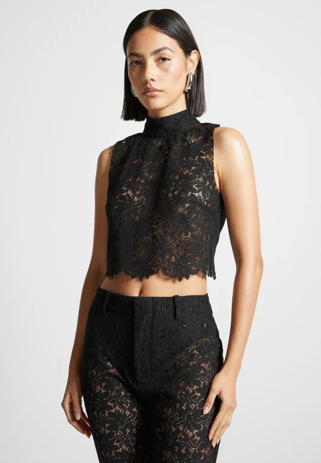 Manire De Voir Matching Sets Manire De Voir Woman Lace Open Back Top 8211 Black Manire De Voir Matching Sets Manire De Voir Woman Lace Open Back Top 8211 Black