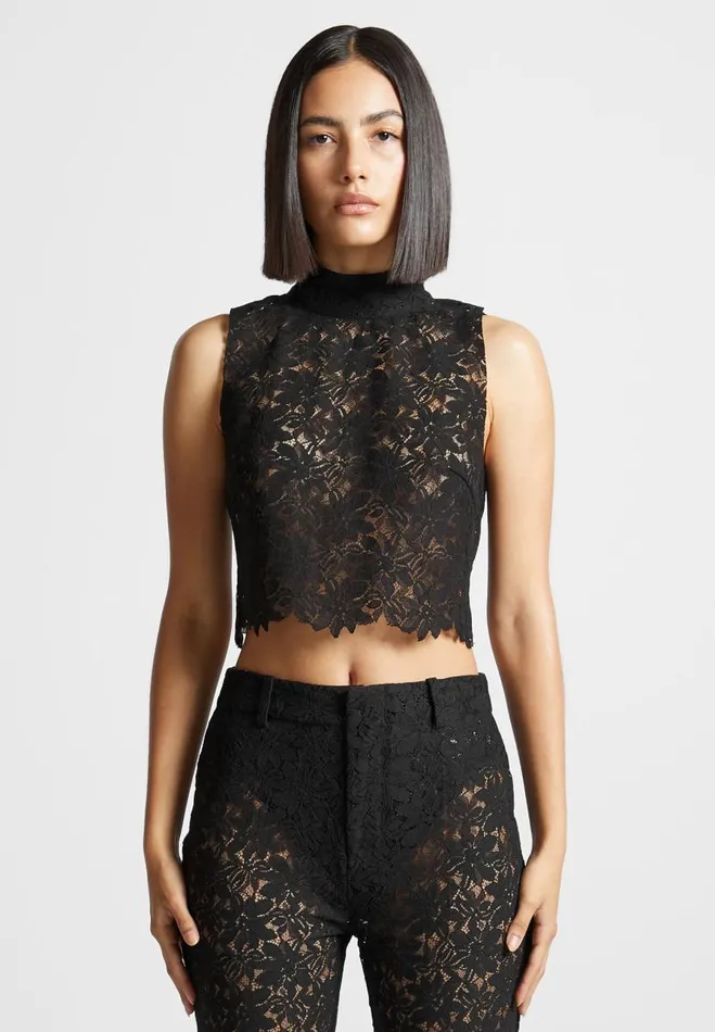 Manire De Voir Matching Sets Manire De Voir Woman Lace Open Back Top 8211 Black