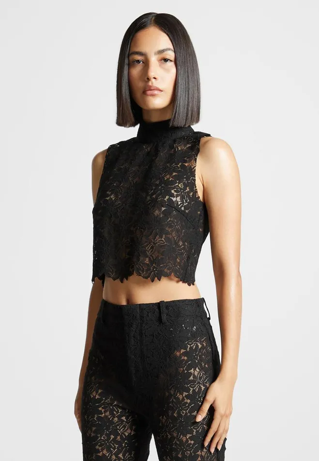 Manire De Voir Matching Sets Manire De Voir Woman Lace Open Back Top 8211 Black