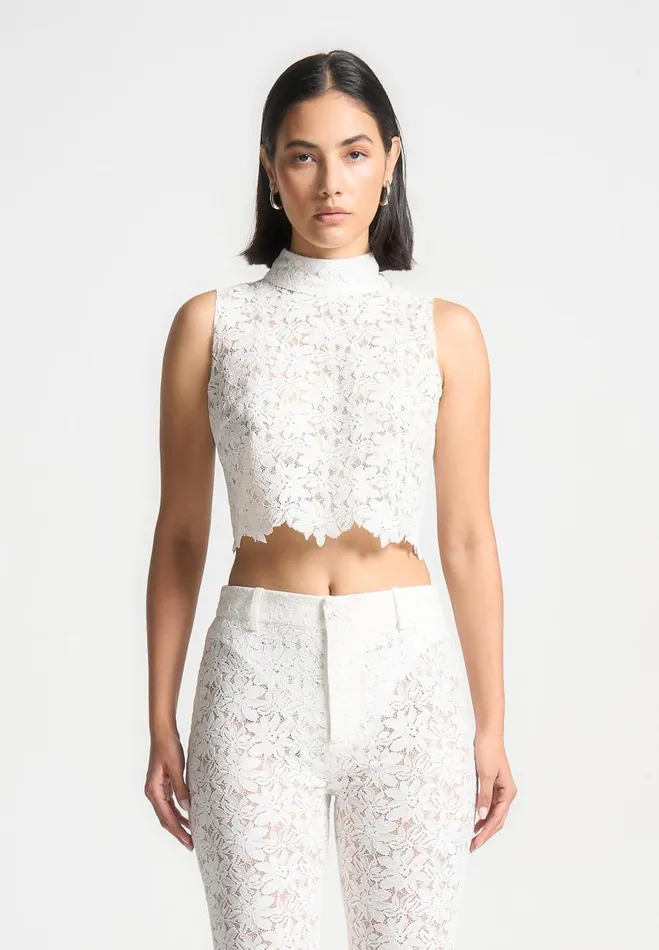 Manire De Voir Matching Sets Manire De Voir Woman Lace Open Back Top 8211 White Manire De Voir Matching Sets Manire De Voir Woman Lace Open Back Top 8211 White