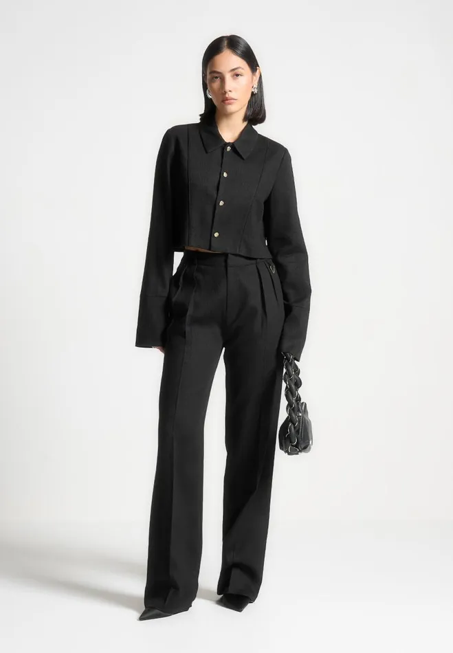 Manire De Voir Matching Sets Manire De Voir Woman Linen Pintuck Cropped Shirt 8211 Black Manire De Voir Matching Sets Manire De Voir Woman Linen Pintuck Cropped Shirt 8211 Black