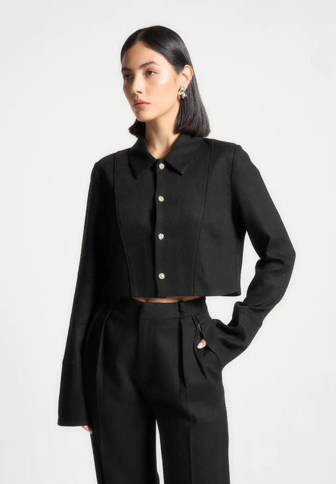 Manire De Voir Matching Sets Manire De Voir Woman Linen Pintuck Cropped Shirt 8211 Black