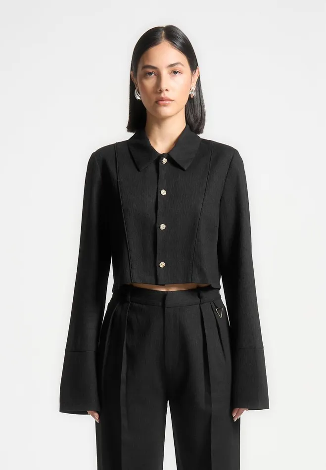 Manire De Voir Matching Sets Manire De Voir Woman Linen Pintuck Cropped Shirt 8211 Black