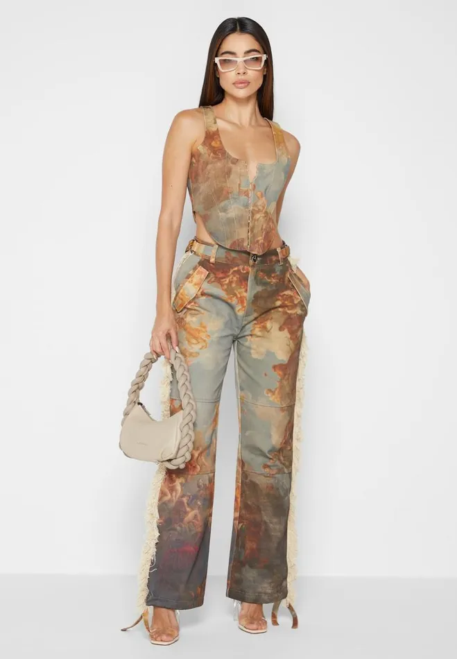 Manire De Voir Matching Sets Manire De Voir Woman Mid Rise Art Cargo Pants With Tassels 8211 Multi