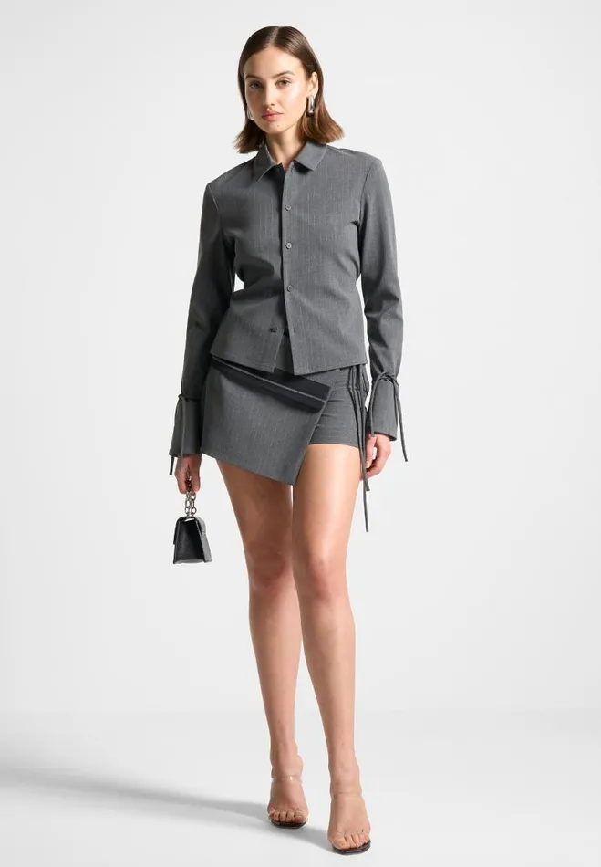 Manire De Voir Matching Sets Manire De Voir Woman Pinstripe Cinch Tailored Shirt With Ties 8211 Grey