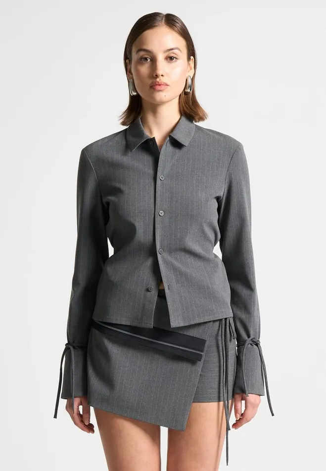 Manire De Voir Matching Sets Manire De Voir Woman Pinstripe Cinch Tailored Shirt With Ties 8211 Grey