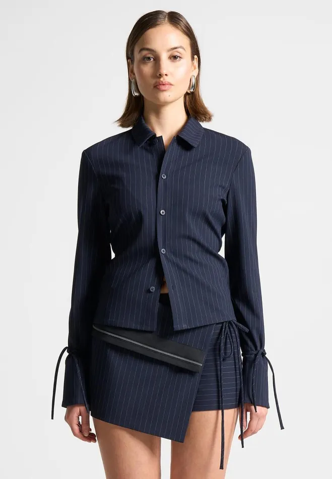 Manire De Voir Matching Sets Manire De Voir Woman Pinstripe Cinch Tailored Shirt With Ties 8211 Navy
