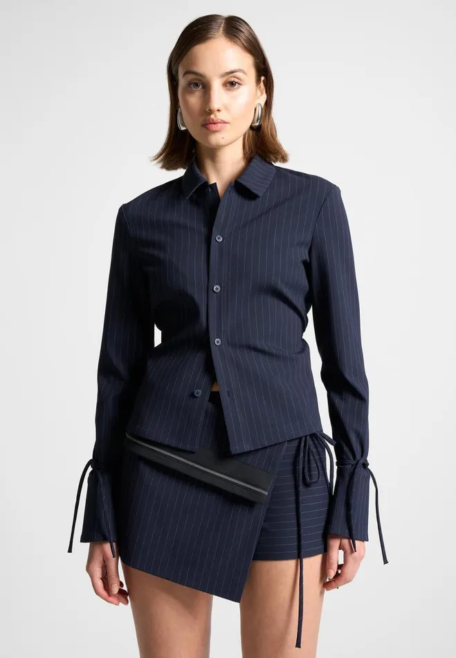 Manire De Voir Matching Sets Manire De Voir Woman Pinstripe Cinch Tailored Shirt With Ties 8211 Navy