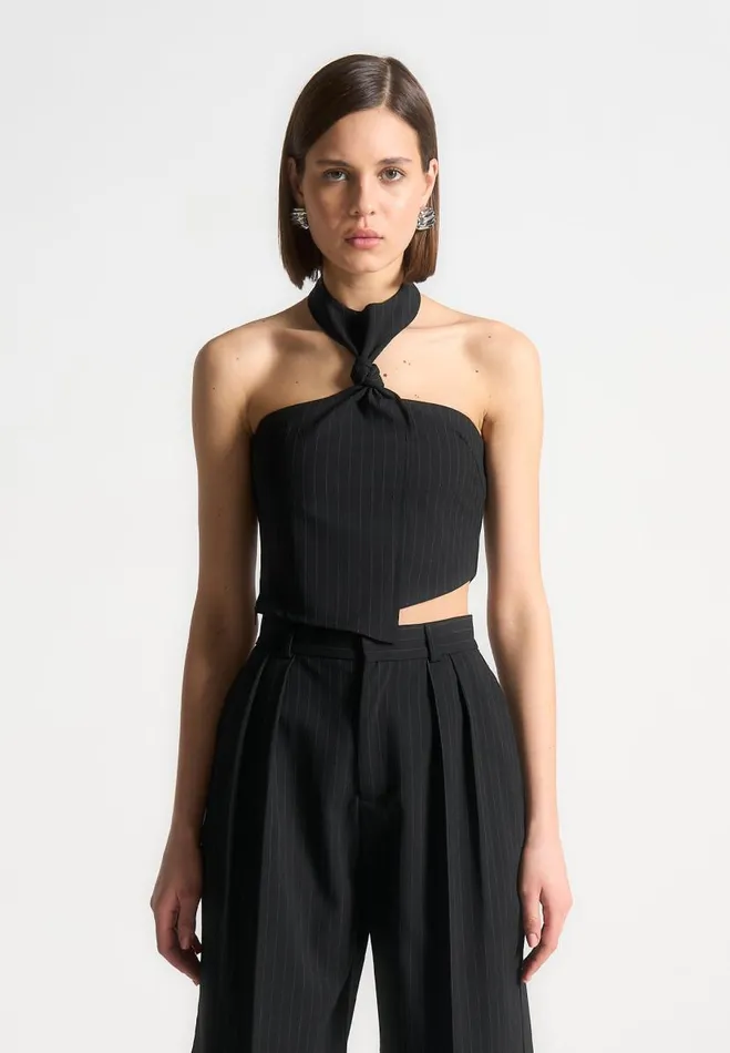 Manire De Voir Matching Sets Manire De Voir Woman Pinstripe Tie Knot Halter Top 8211 Black Manire De Voir Matching Sets Manire De Voir Woman Pinstripe Tie Knot Halter Top 8211 Black