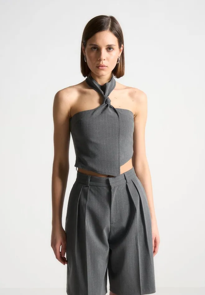 Manire De Voir Matching Sets Manire De Voir Woman Pinstripe Tie Knot Halter Top 8211 Grey Manire De Voir Matching Sets Manire De Voir Woman Pinstripe Tie Knot Halter Top 8211 Grey
