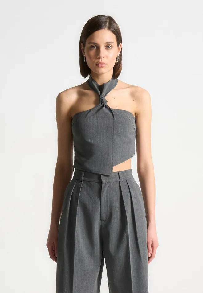 Manire De Voir Matching Sets Manire De Voir Woman Pinstripe Tie Knot Halter Top 8211 Grey